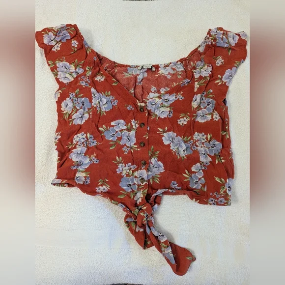 American Eagle Small Floral Tie-Front Crop Top Teen Tween Fall Summer School EUC - Picture 2 of 6